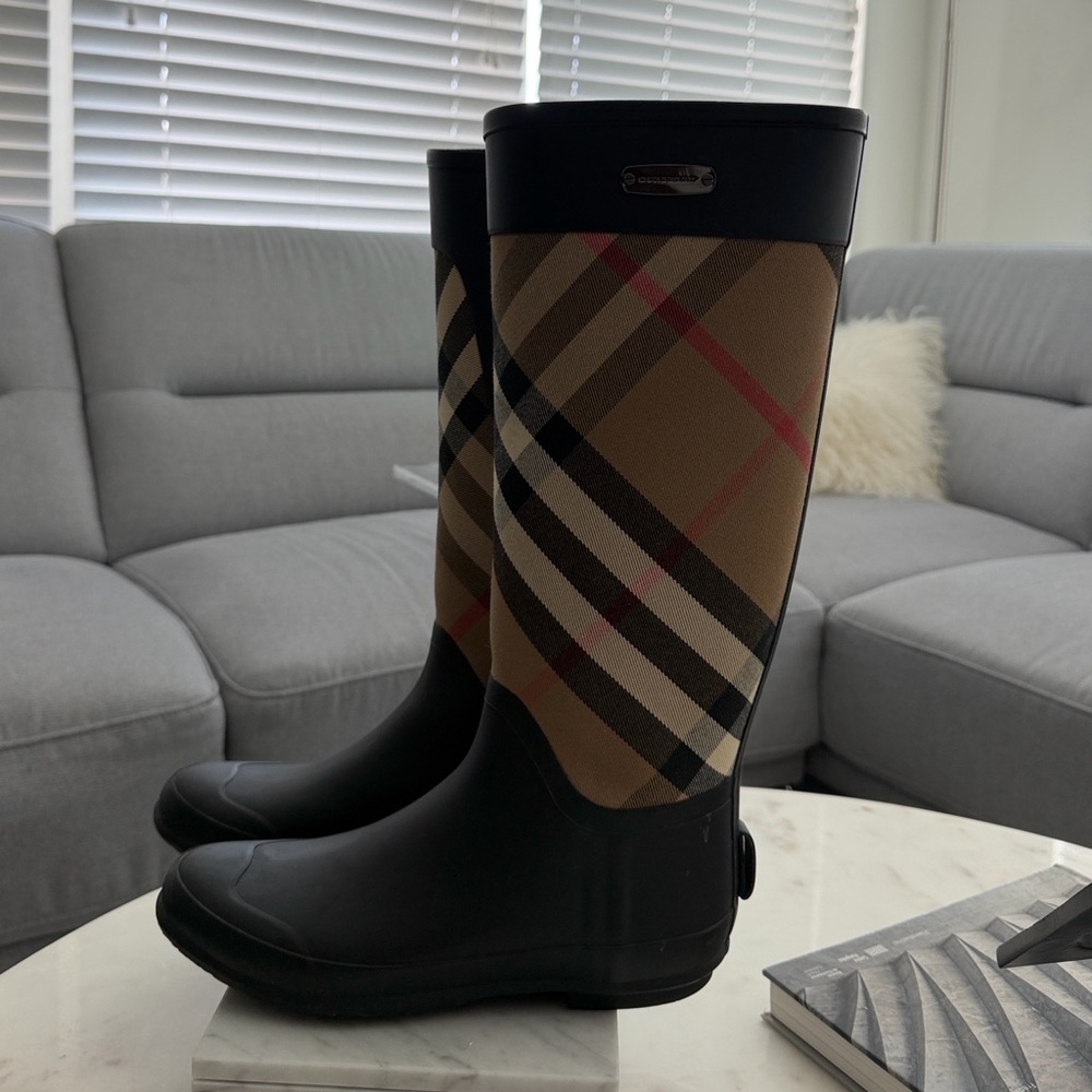 Burberry Black and Haymarket Plaid Tall Rain Boots - Picture 4 of 5
